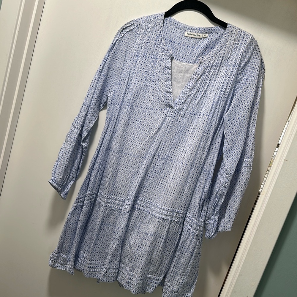 Roller Rabbit xs cotton lightweight breezy blue and white long sleeve short dres
